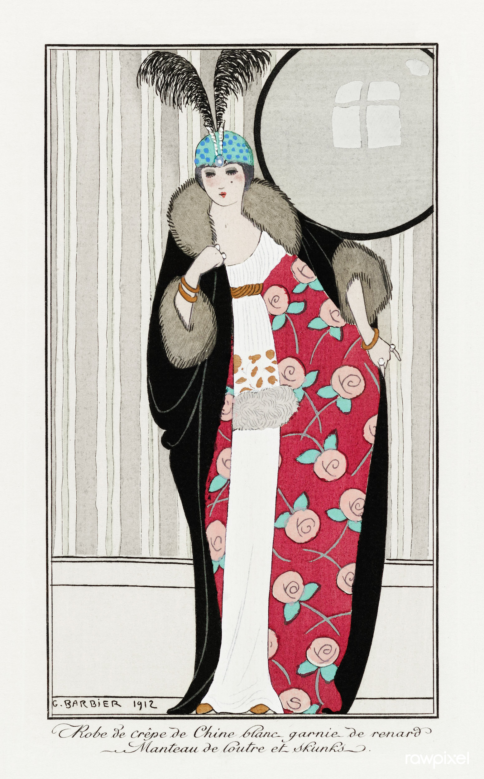 Figurino di George Barbier con abito bianco e mantello a fodera floreale, 1912